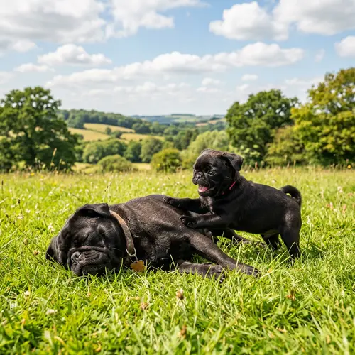 Black Pug Puppy Playing with Adult Pug in Serene Landscape