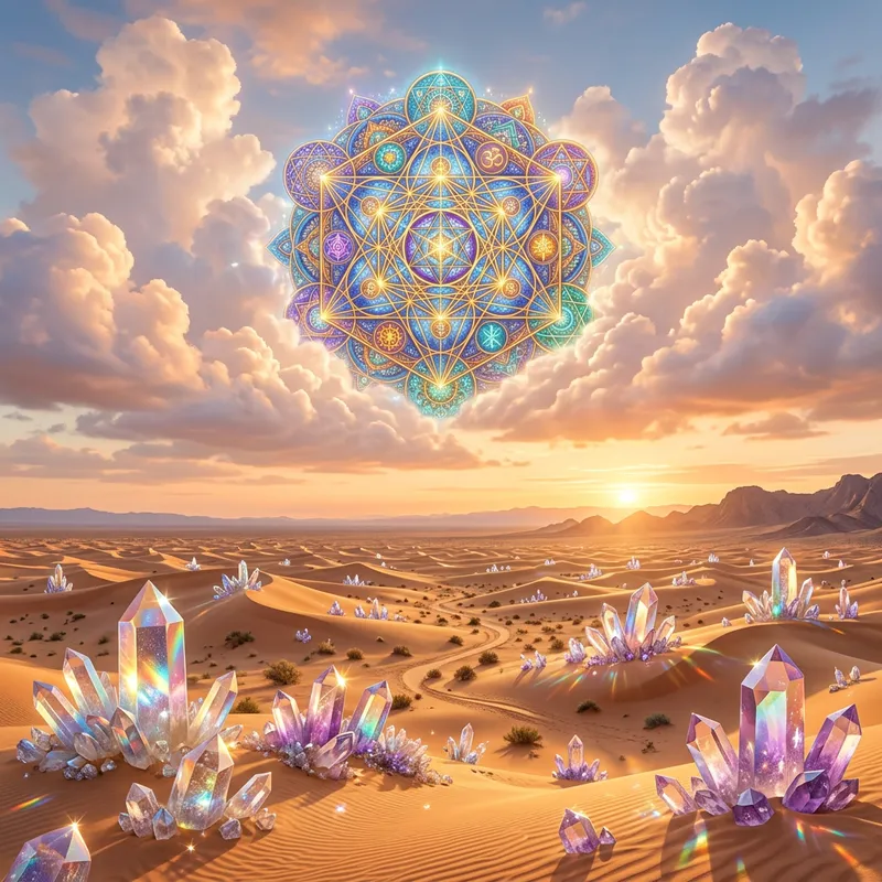 Colorful Geometric Pattern Floating Above Ethereal Desert with Giant Crystals