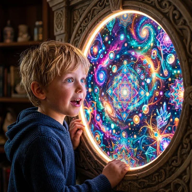 Curious Boy Mesmerized by Vibrant Kaleidoscopic World Curious Boy Mesmerized by Vibrant Kaleidoscopic World