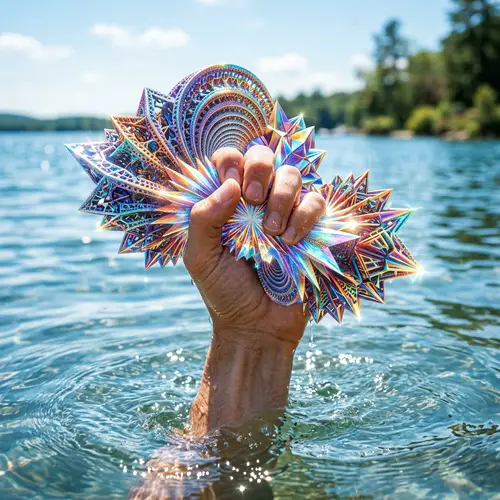 Colorful Geometric Fractal Object Held by Hand Emerging from Water