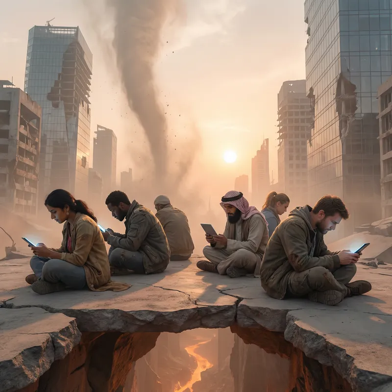 Humans Absorbed in Phones Amidst Global Devastation