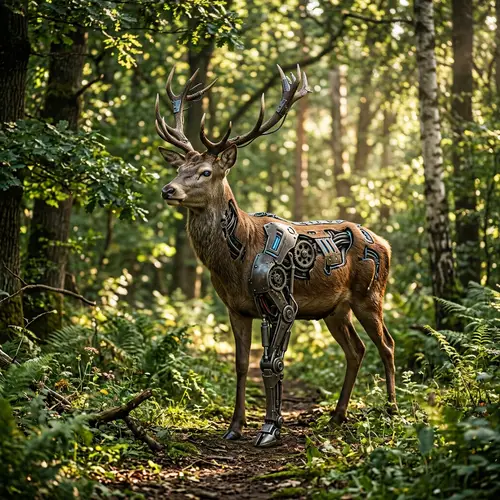 Cybernetic Deer: Nature Meets Machinery in Serene Forest Setting