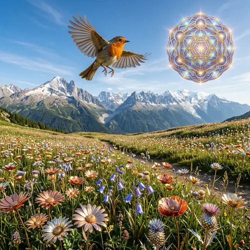 Metallic Flowers in Mountain Landscape | Red Robin & Sacred Geometry