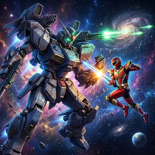 Intergalactic Robot Vs Colorful Superhero Battle in Outer Space