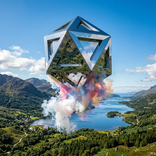 Reflective Metallic Geometric Object in Scenic Landscape