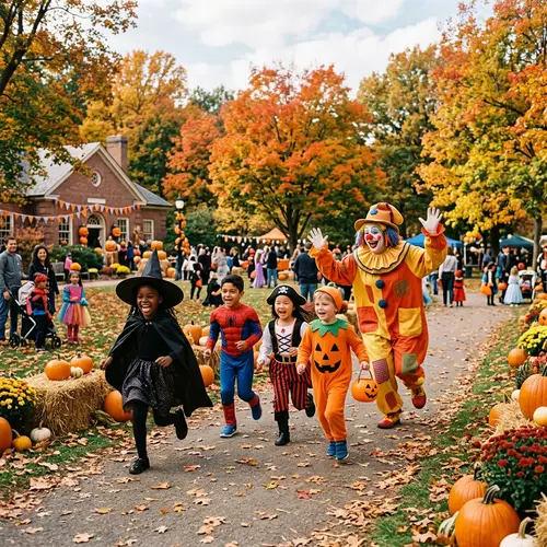Vibrant Halloween Day Scene: Kids Playfully Run from Clown