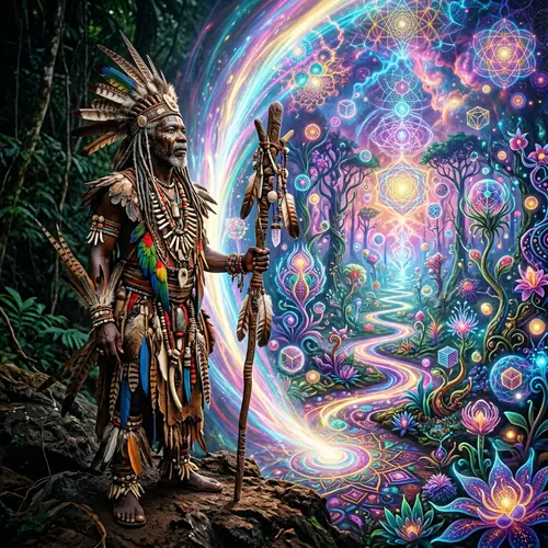 Realistic Shaman in Vibrant DMT World