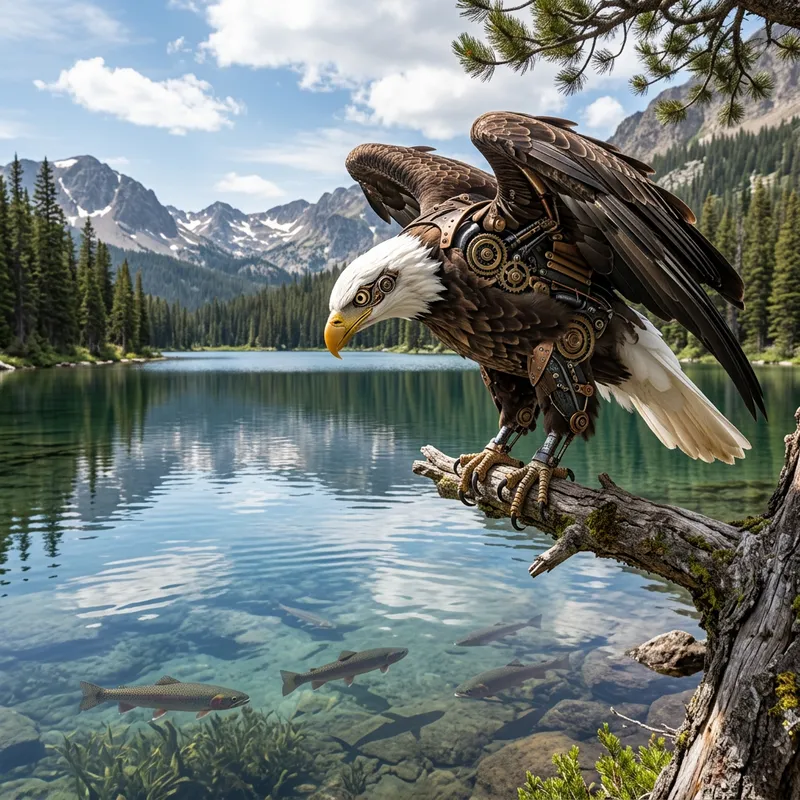 Detailed Mechanical Bald Eagle Watching for Fish Detailed Mechanical Bald Eagle Watching for Fish