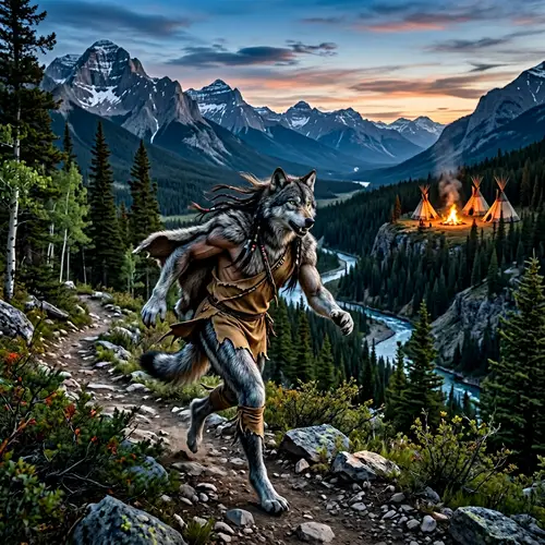 Native American Transforming into Wolf in Mountain Landscape