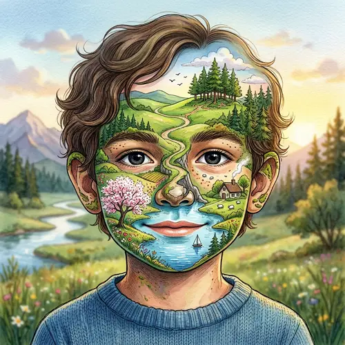Intriguing Drawing of Young Boy with Nature Landscape Face
