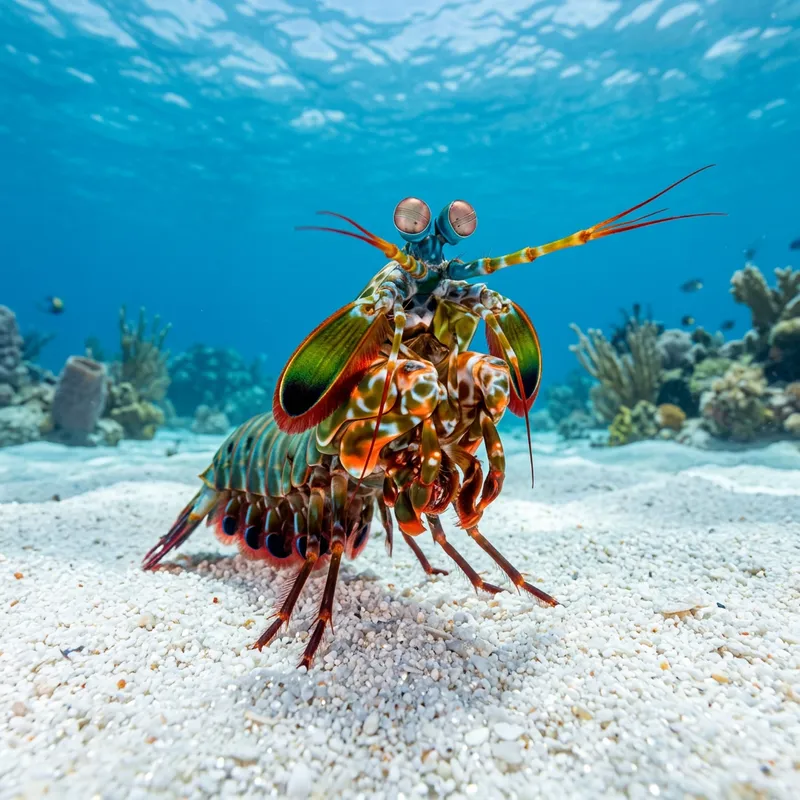Realistic Hyperrealistic Mantis Shrimp on White Sand in Clear Water