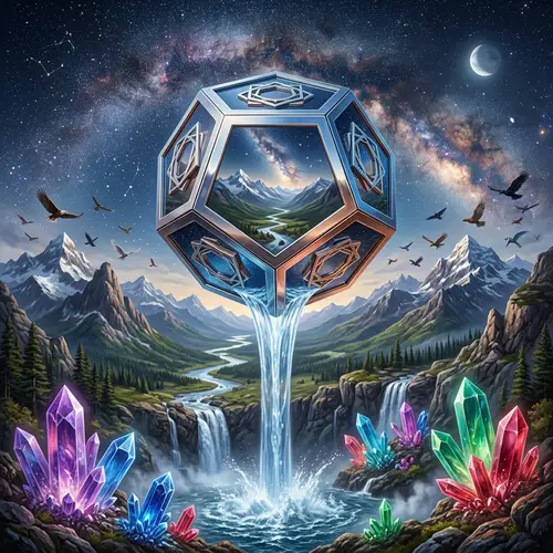 Levitating Metallic Geometric Figure Reflecting Scenic Landscape