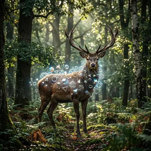 Majestic Deer with Metallic Geometric Shapes | Surreal Forest Art
