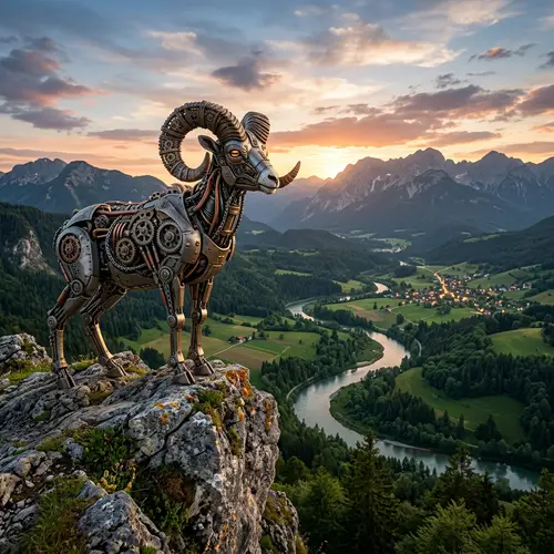 Realistic Mechanical Big Horn Sheep in Serene Landscape
