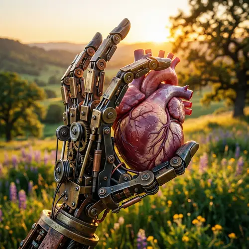Detailed Mechanical Hand Holding Realistic Human Heart