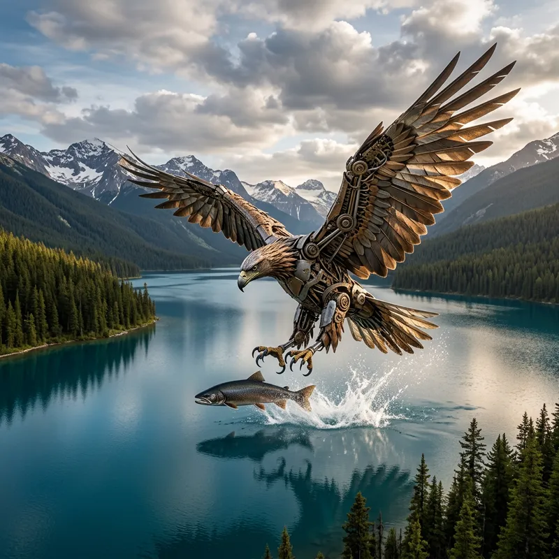 Breathtaking Robotic Eagle Catching Fish - Mystic Lake Scene