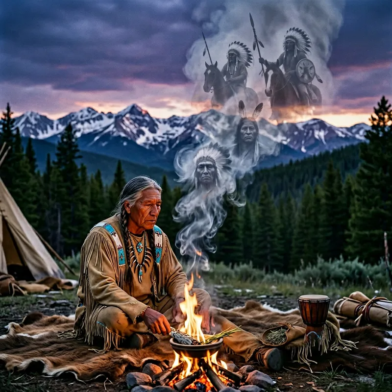 Native American Shaman Immersed in Spiritual Routine with Warrior Spirits Native American Shaman Immersed in Spiritual Routine with Warrior Spirits