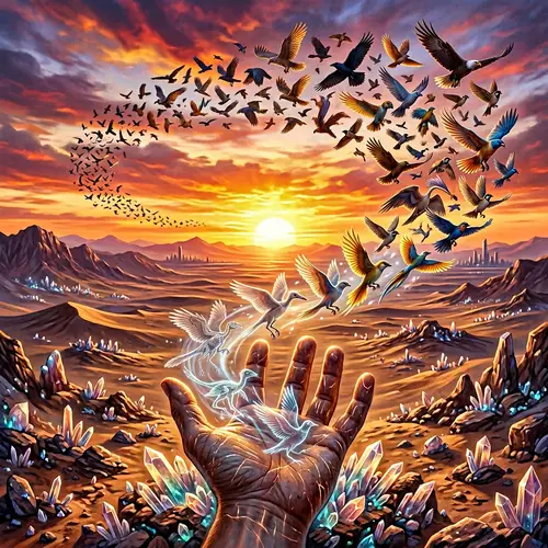 Bird Evolution in Sunset: Futuristic Desert Landscape