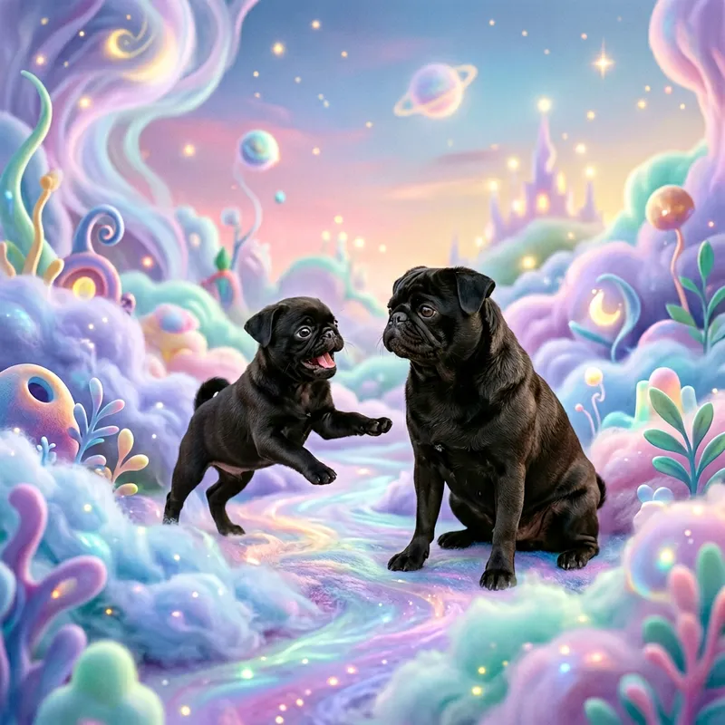 Dreamy Black Pug Puppy Playing with Adult Pug - Joyful Playtime