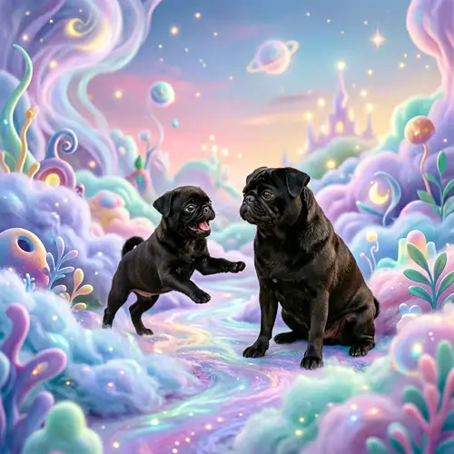 Dreamy Black Pug Puppy Playing with Adult Pug