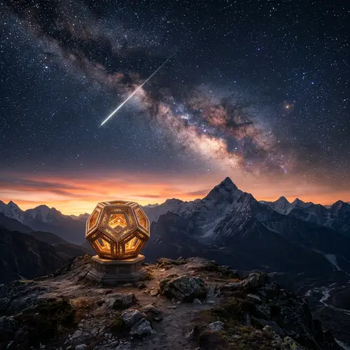 Realistic Mountain Landscape with Sacred Geometry Object at Sunset