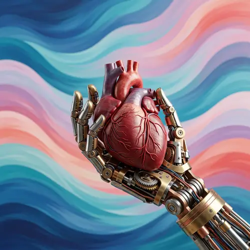 Mechanical Hand Holding Realistic Human Heart | Colorful Waves Background