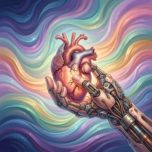Semi-Mechanical Hand Holding Human Heart | Colorful Waves Background
