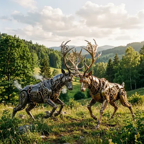 Mechanical Deer Antler Clash in Serene Landscape
