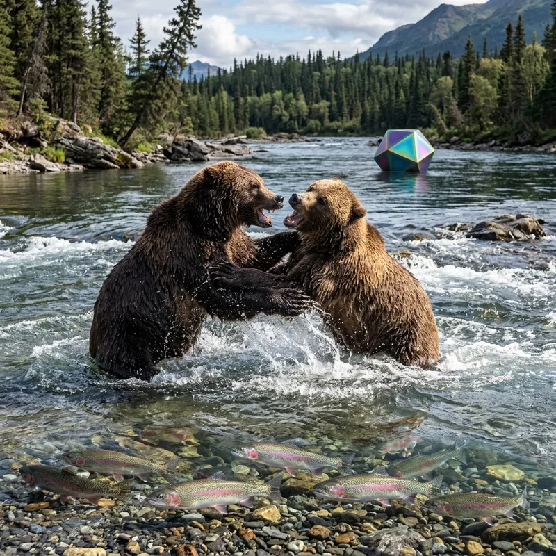 Intense Bear Struggle in River with Swimming Trout Intense Bear Struggle in River with Swimming Trout