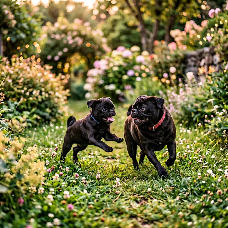 Black Pug Puppy Frolicking with Mature Black Pug - Dreamy Scene