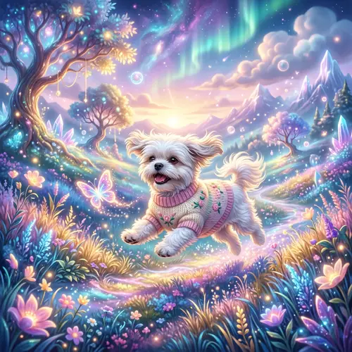 Happy White Shih Tzu Dog in Enchanted Field - Playful Scene