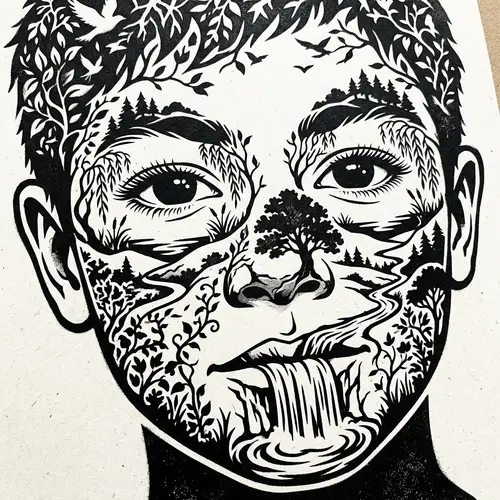 Stunning Black and White Stencil Art: Boy's Face Transforms into Nature Scene