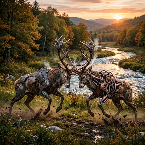 Realistic Semi-Mechanical Deer Battle in Natural Landscape