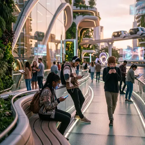 Faceless Individuals Engrossed in Phones: Dreamy & Futuristic Scene