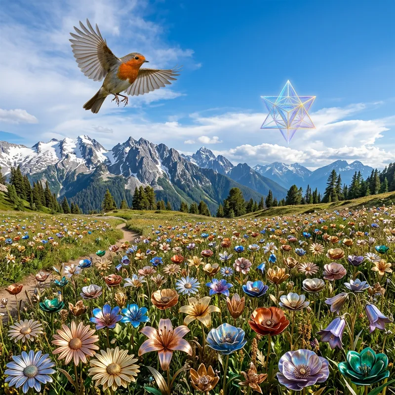 Realistic Metallic Flowers in Vibrant Mountain Landscape