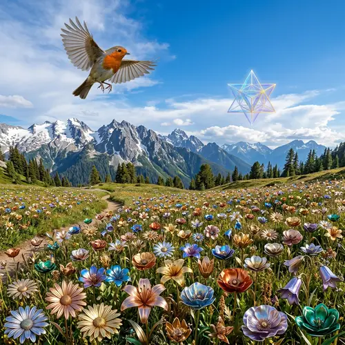 Realistic Metallic Flowers in Mountain Landscape