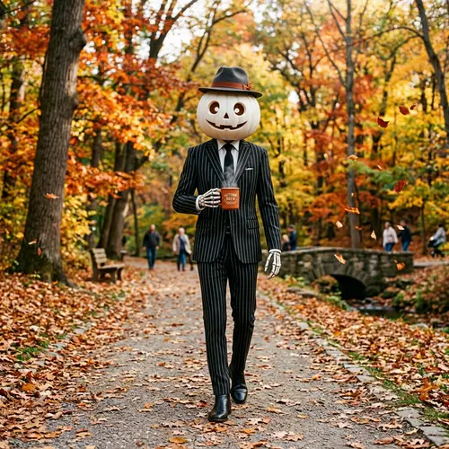 Autumn Scene with Tall Figure Enjoying Cool Day