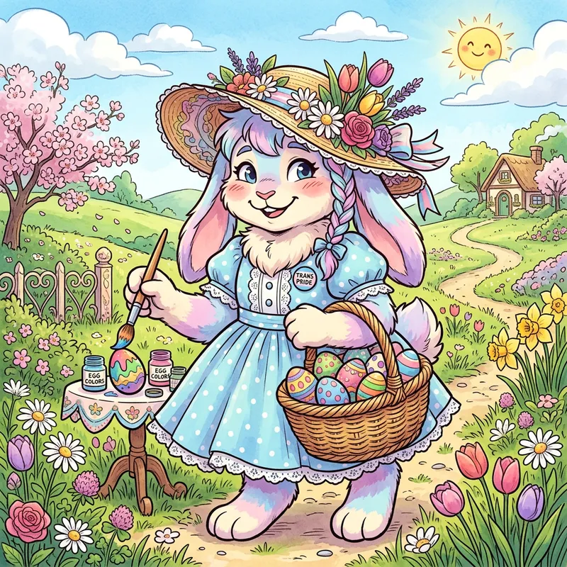 Cheerful Transgender Easter Bunny in Festive Outfit - Comic-Style Illustration