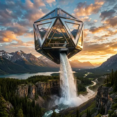 Floating Metallic Geometric Object Reflecting Beautiful Landscape