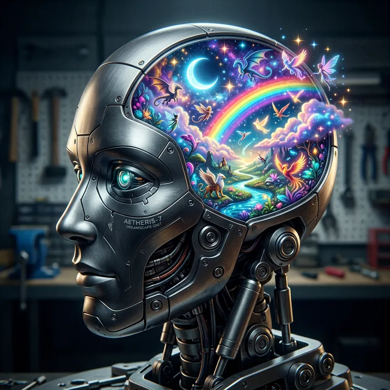 Robotic Human Head with Surreal Dreamscapes Robotic Human Head with Surreal Dreamscapes