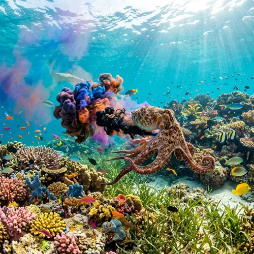 Vibrant Octopus Jetting Colorful Ink in Tropical Underwater Scene