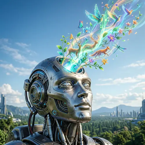 Realistic Robot Head with Nature's Spirit Flying into Sky