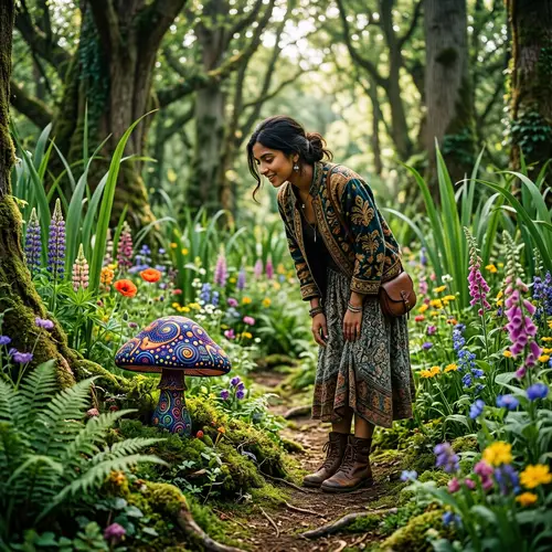 Stylish South Asian Woman with Psychedelic Mushroom in Enchanting Landscape