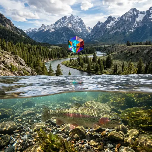 Realistic Trout Swimming Landscape with Colorful Geometric Object