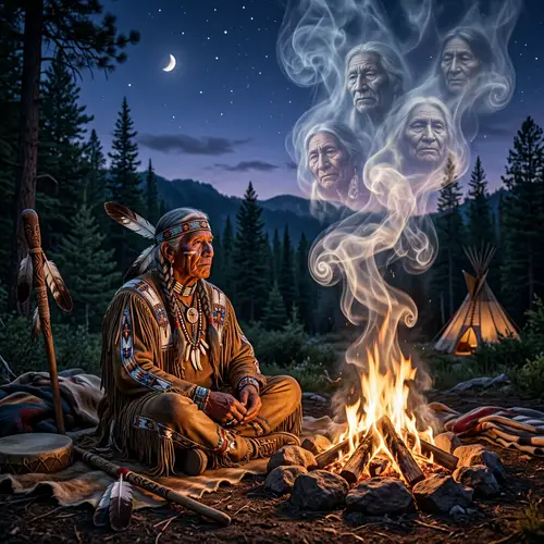 Native American Shaman Contemplating Campfire | Shamanism