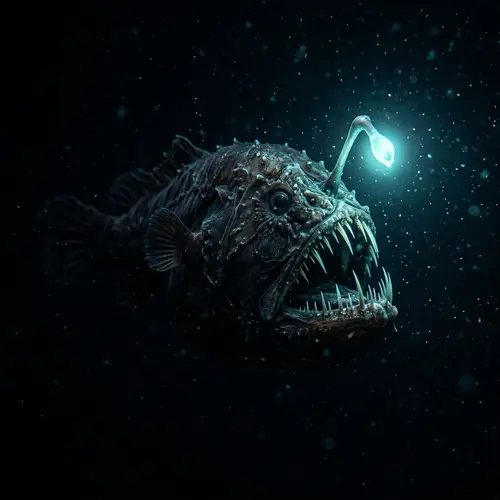 Realistic Anglerfish with Glowing Antenna in Dark Ocean Depths