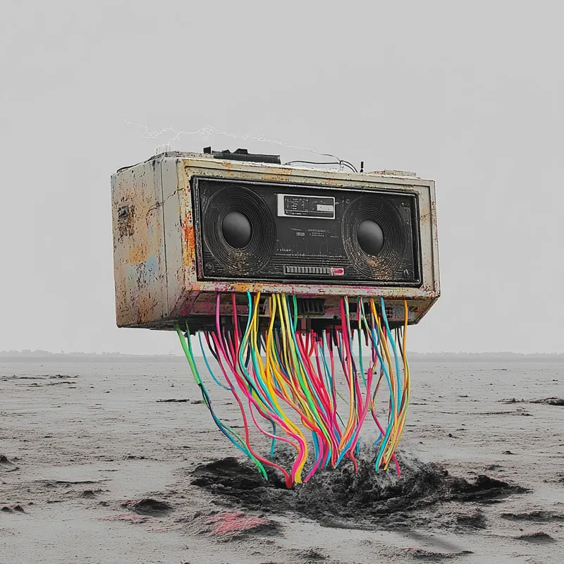 Surreal Beat-Up Boom Box in a Colorful Landscape