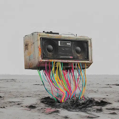 Surreal Beat-Up Boom Box in a Colorful Landscape