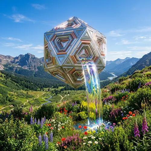 Metallic Geometric Object with Cascading Water | Stunning Landscape