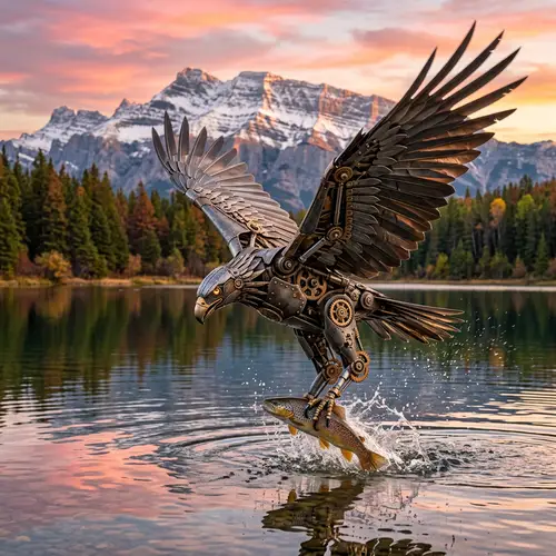 Mechanized Eagle Catches Fish in Stunning Lake Scene